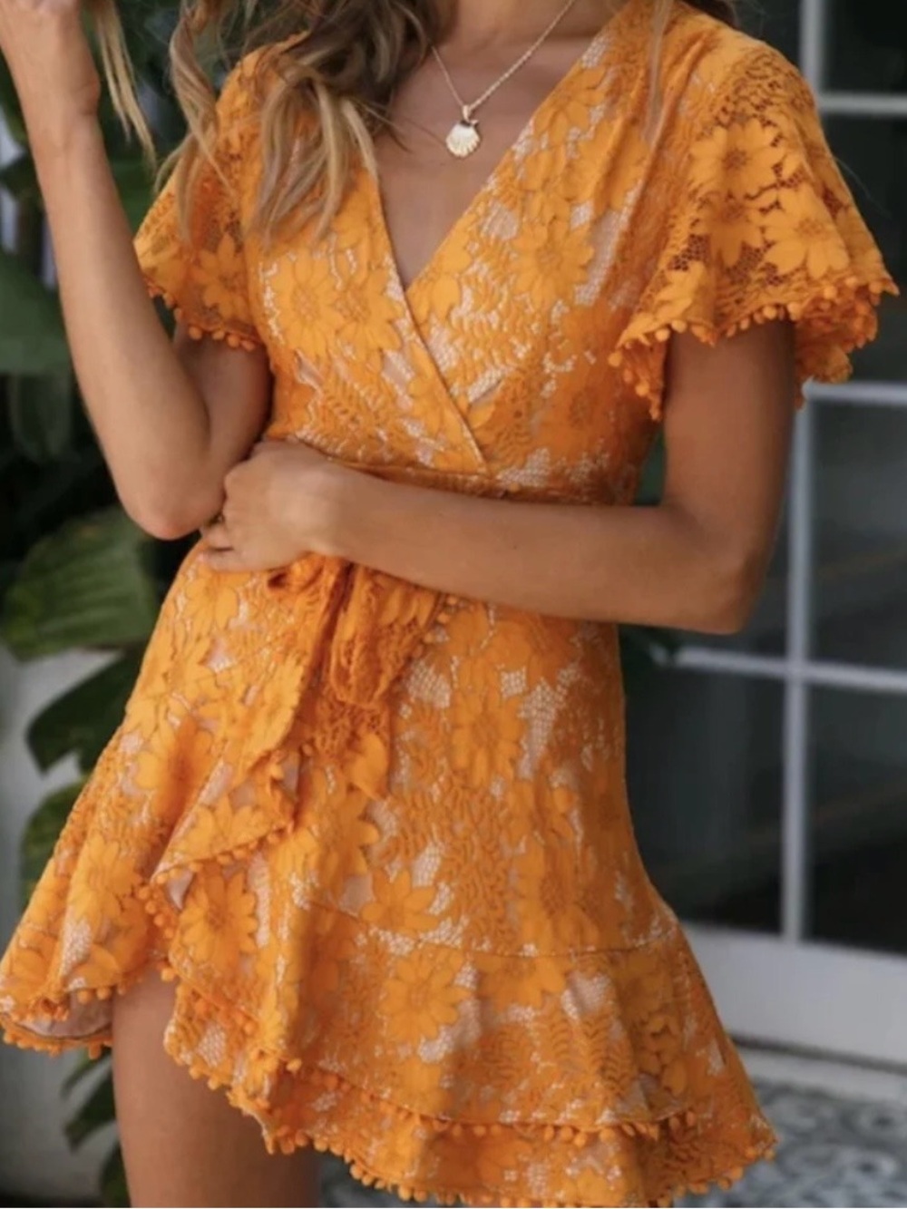 Selfie Leslie Orange Lace Wrap Mini Dress